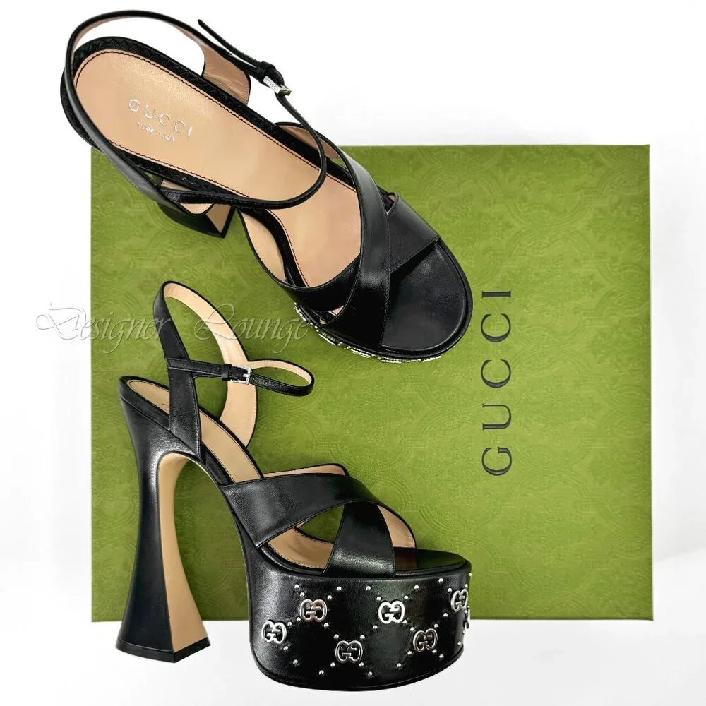 NEW GUCCI Janaya Interlocking G Studs Black Leather Platform Sandals 38.5 US 8.5